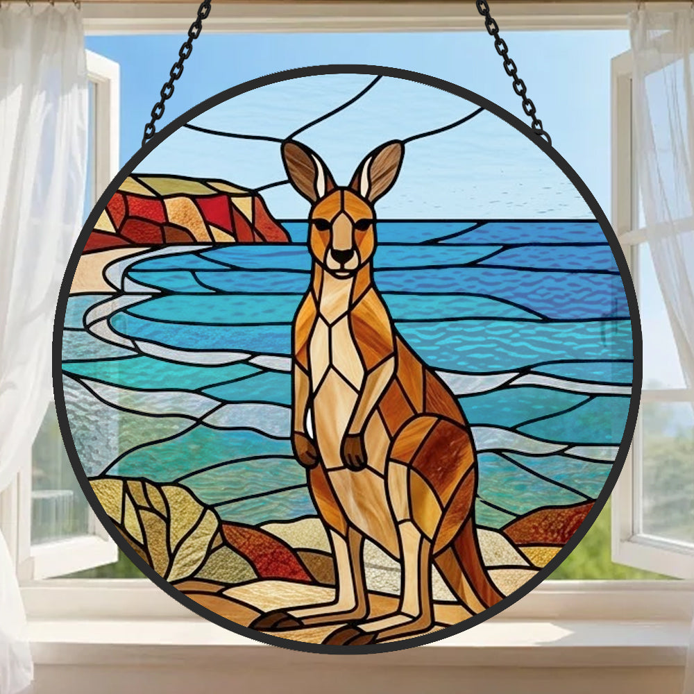 Ocean kangaroo landscape stained glass suncatcher window hanging, suitable for home and garden decoration