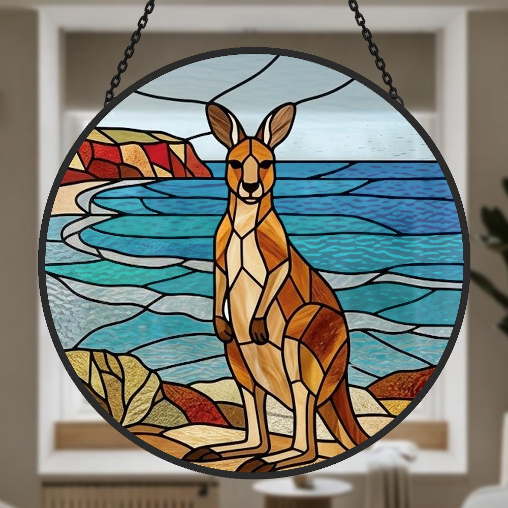 Ocean kangaroo landscape stained glass suncatcher window hanging, suitable for home and garden decoration