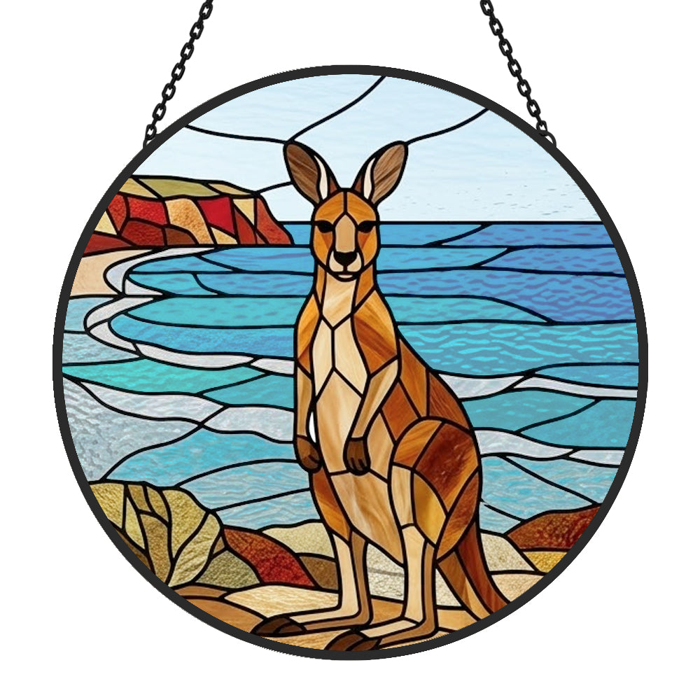 Ocean kangaroo landscape stained glass suncatcher window hanging, suitable for home and garden decoration