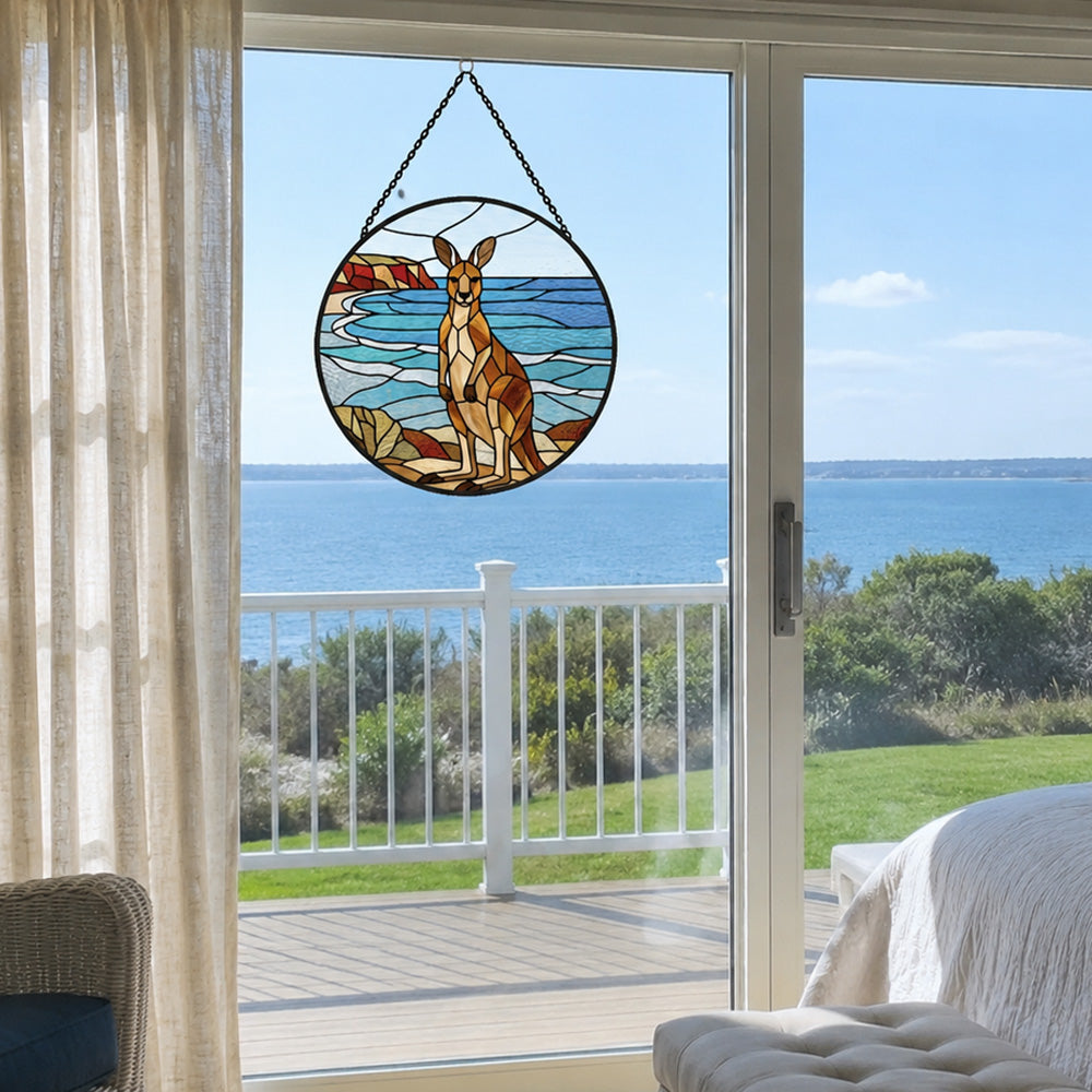 Ocean kangaroo landscape stained glass suncatcher window hanging, suitable for home and garden decoration