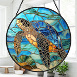 Ocean majesty swimming sea turtle stained glass suncatcher window hanging, suitable for home and garden decoration