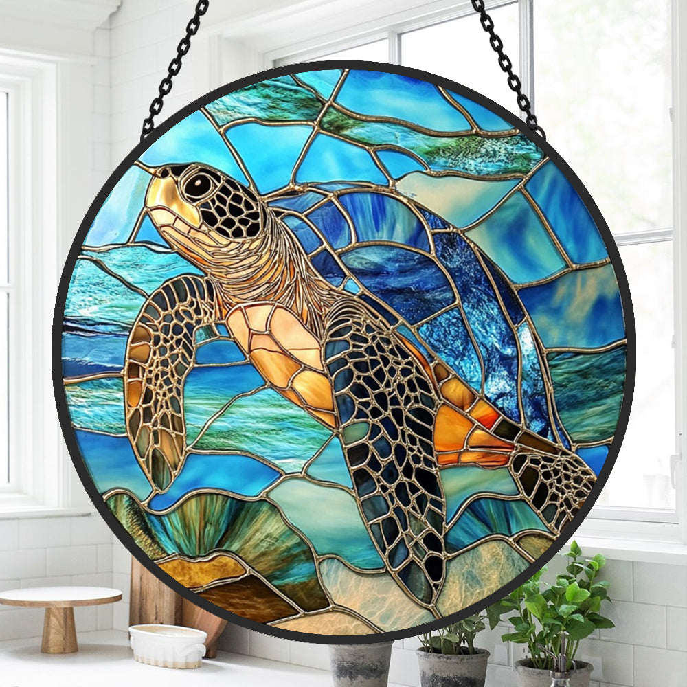 Ocean majesty swimming sea turtle stained glass suncatcher window hanging, suitable for home and garden decoration