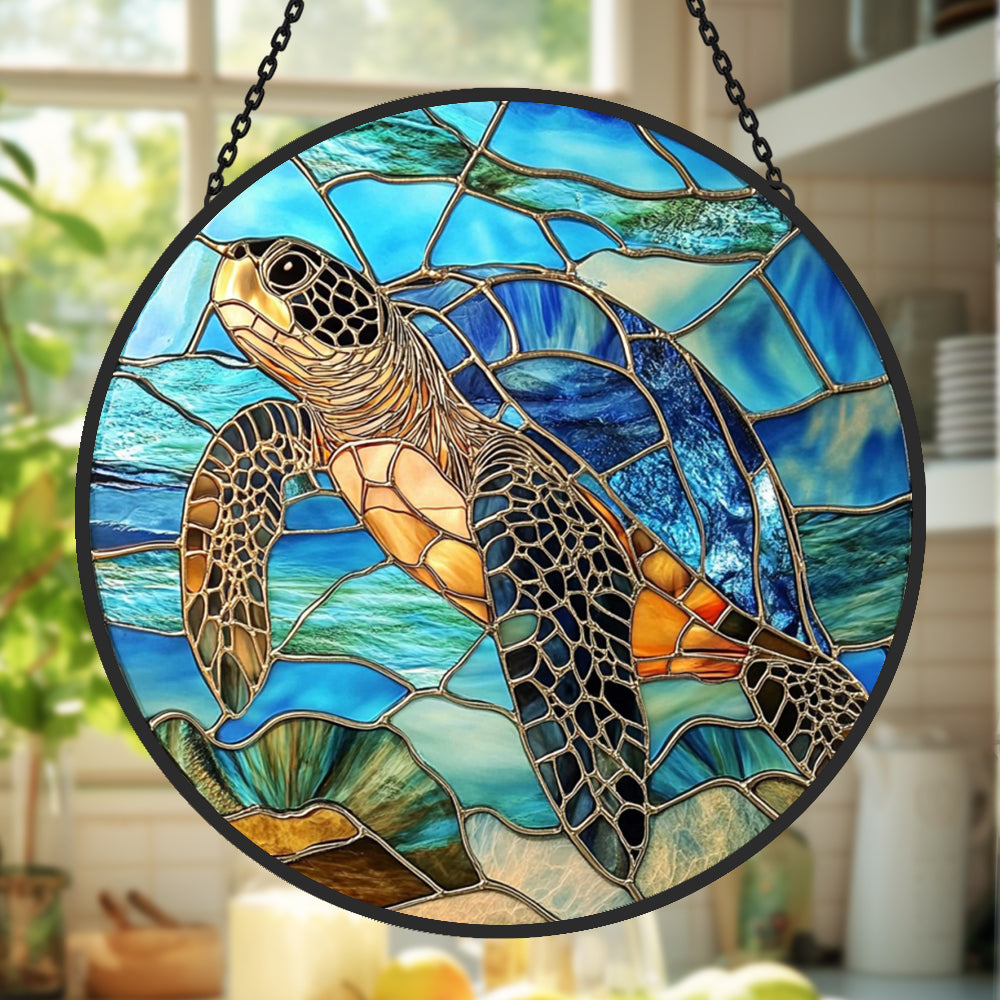 Ocean majesty swimming sea turtle stained glass suncatcher window hanging, suitable for home and garden decoration