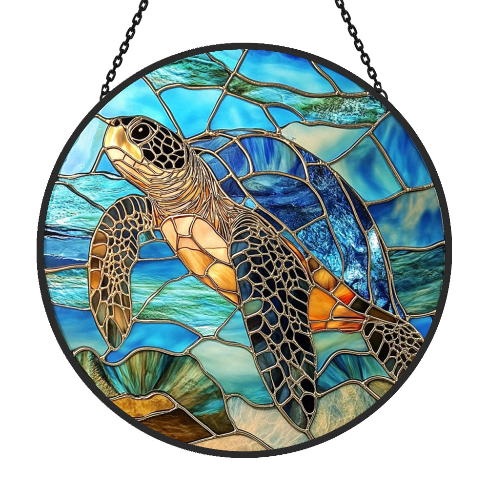Ocean majesty swimming sea turtle stained glass suncatcher window hanging, suitable for home and garden decoration