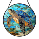 Ocean majesty swimming sea turtle stained glass suncatcher window hanging, suitable for home and garden decoration