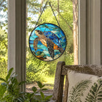 Ocean majesty swimming sea turtle stained glass suncatcher window hanging, suitable for home and garden decoration