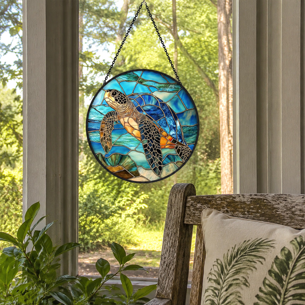 Ocean majesty swimming sea turtle stained glass suncatcher window hanging, suitable for home and garden decoration