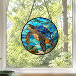 Ocean majesty swimming sea turtle stained glass suncatcher window hanging, suitable for home and garden decoration