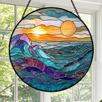 Ocean rolling waves sunset stained glass suncatcher window hanging, suitable for home and garden decoration