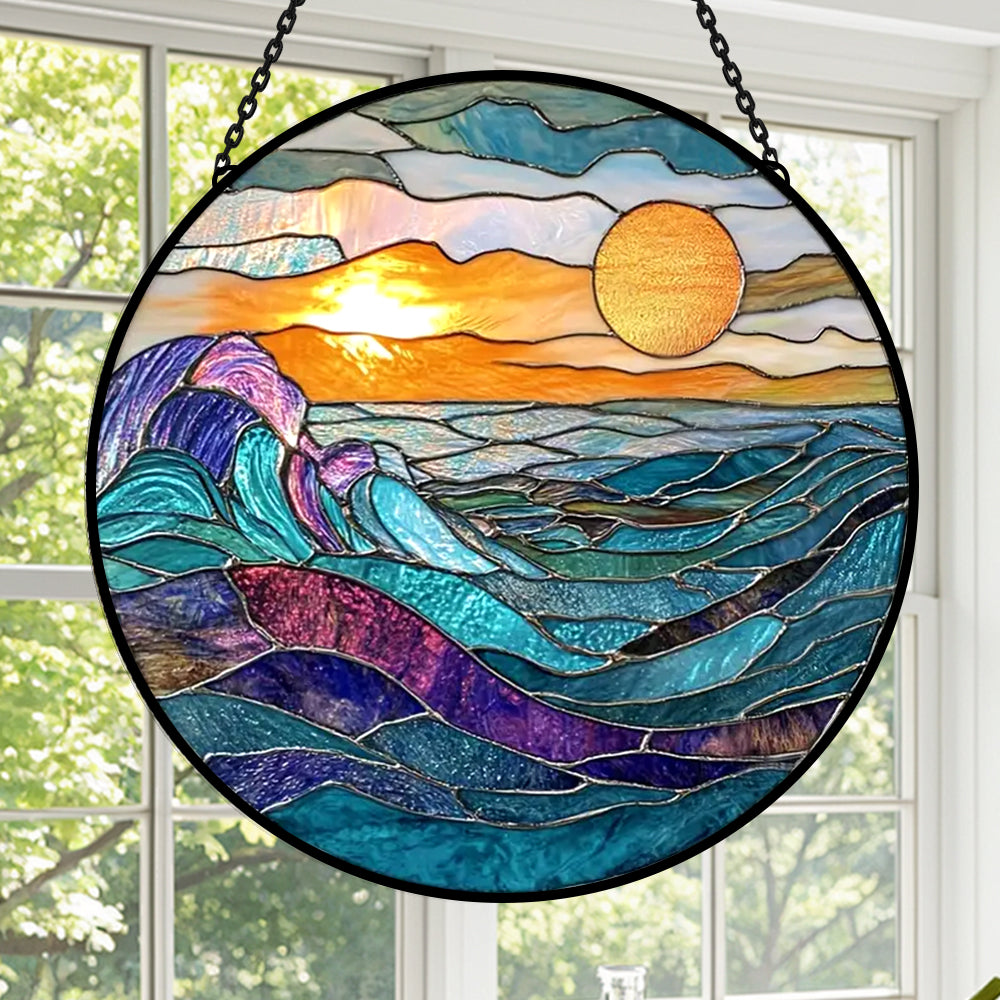 Ocean rolling waves sunset stained glass suncatcher window hanging, suitable for home and garden decoration