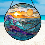 Ocean rolling waves sunset stained glass suncatcher window hanging, suitable for home and garden decoration