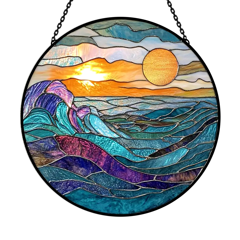 Ocean rolling waves sunset stained glass suncatcher window hanging, suitable for home and garden decoration