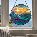 Ocean rolling waves sunset stained glass suncatcher window hanging, suitable for home and garden decoration
