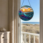 Ocean rolling waves sunset stained glass suncatcher window hanging, suitable for home and garden decoration