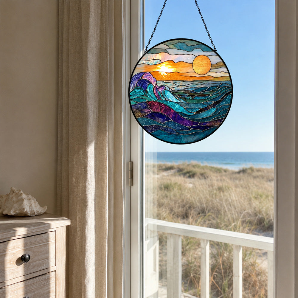 Ocean rolling waves sunset stained glass suncatcher window hanging, suitable for home and garden decoration