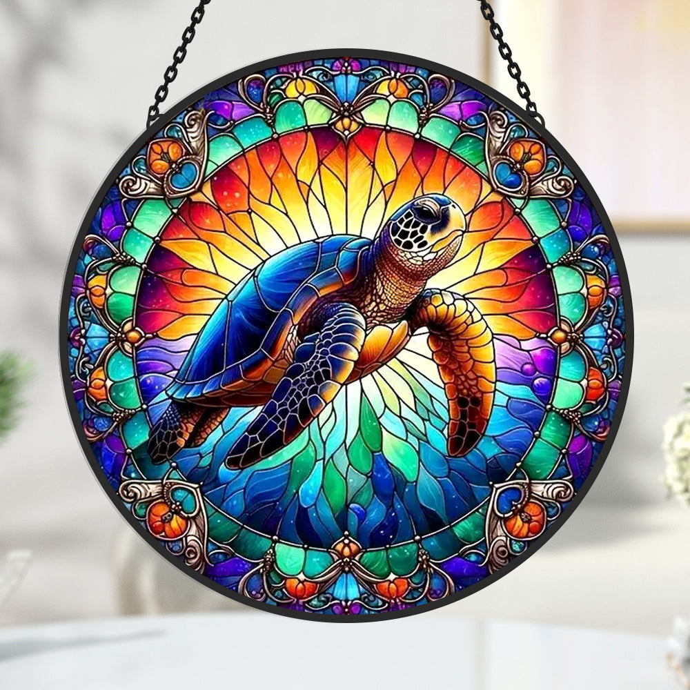 Ocean sea turtle stained glass suncatcher window hanging, suitable for home and garden decoration