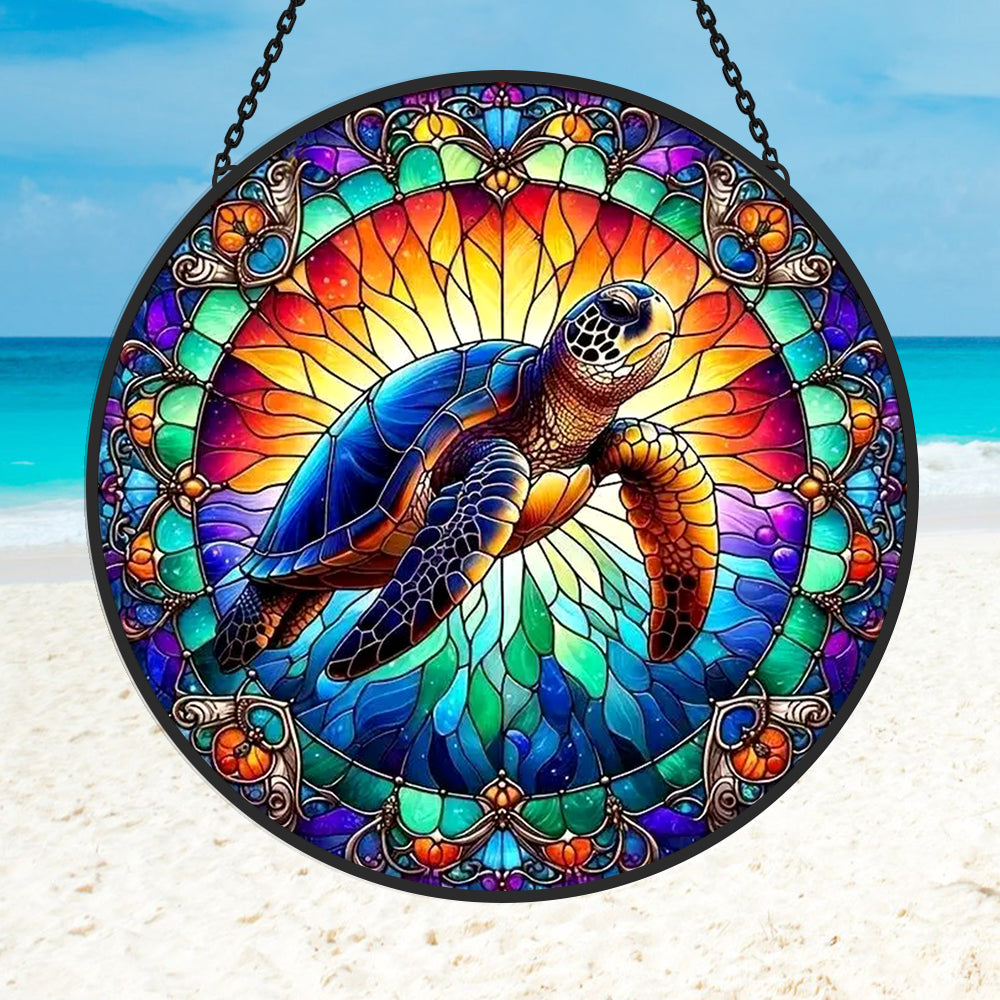 Ocean sea turtle stained glass suncatcher window hanging, suitable for home and garden decoration