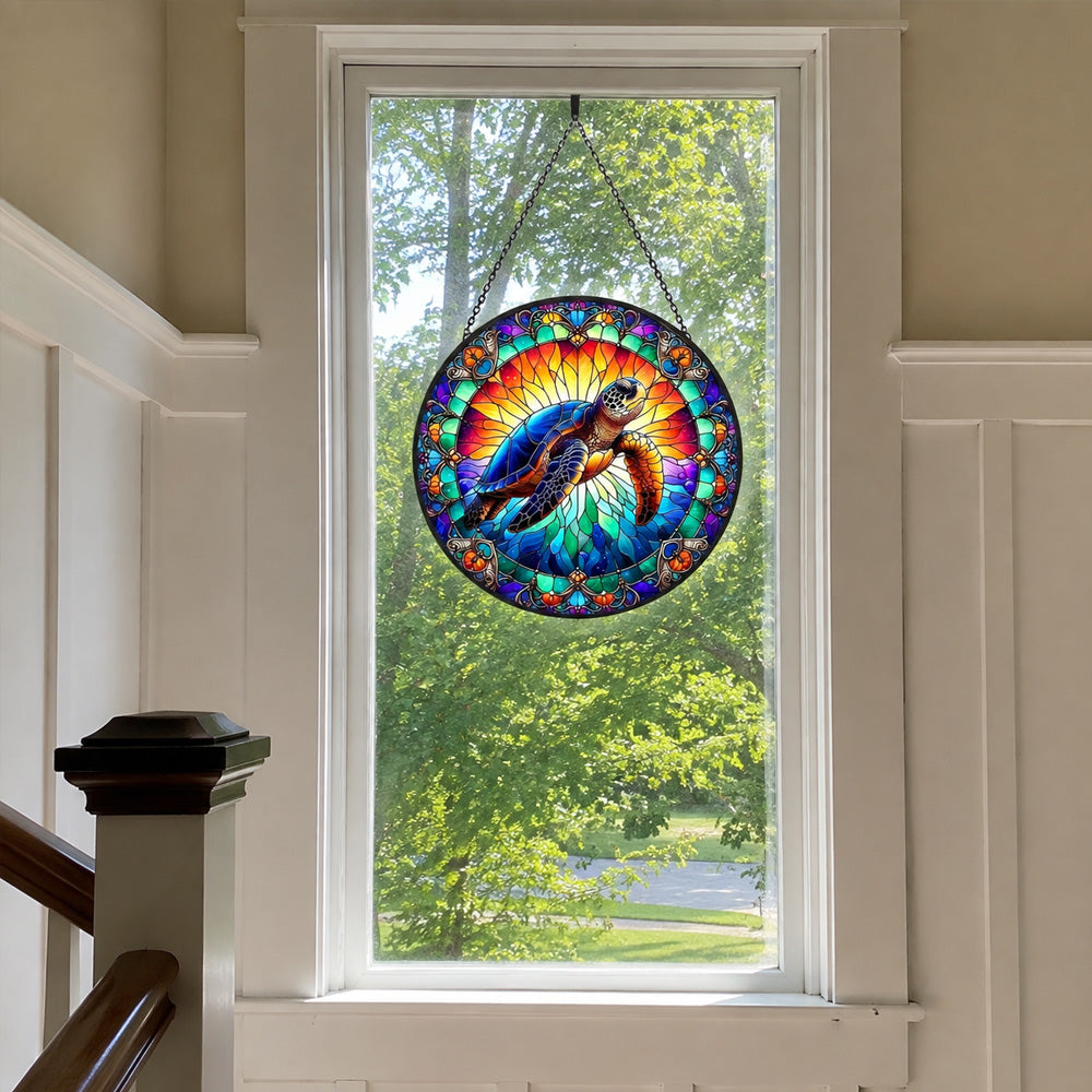 Ocean sea turtle stained glass suncatcher window hanging, suitable for home and garden decoration