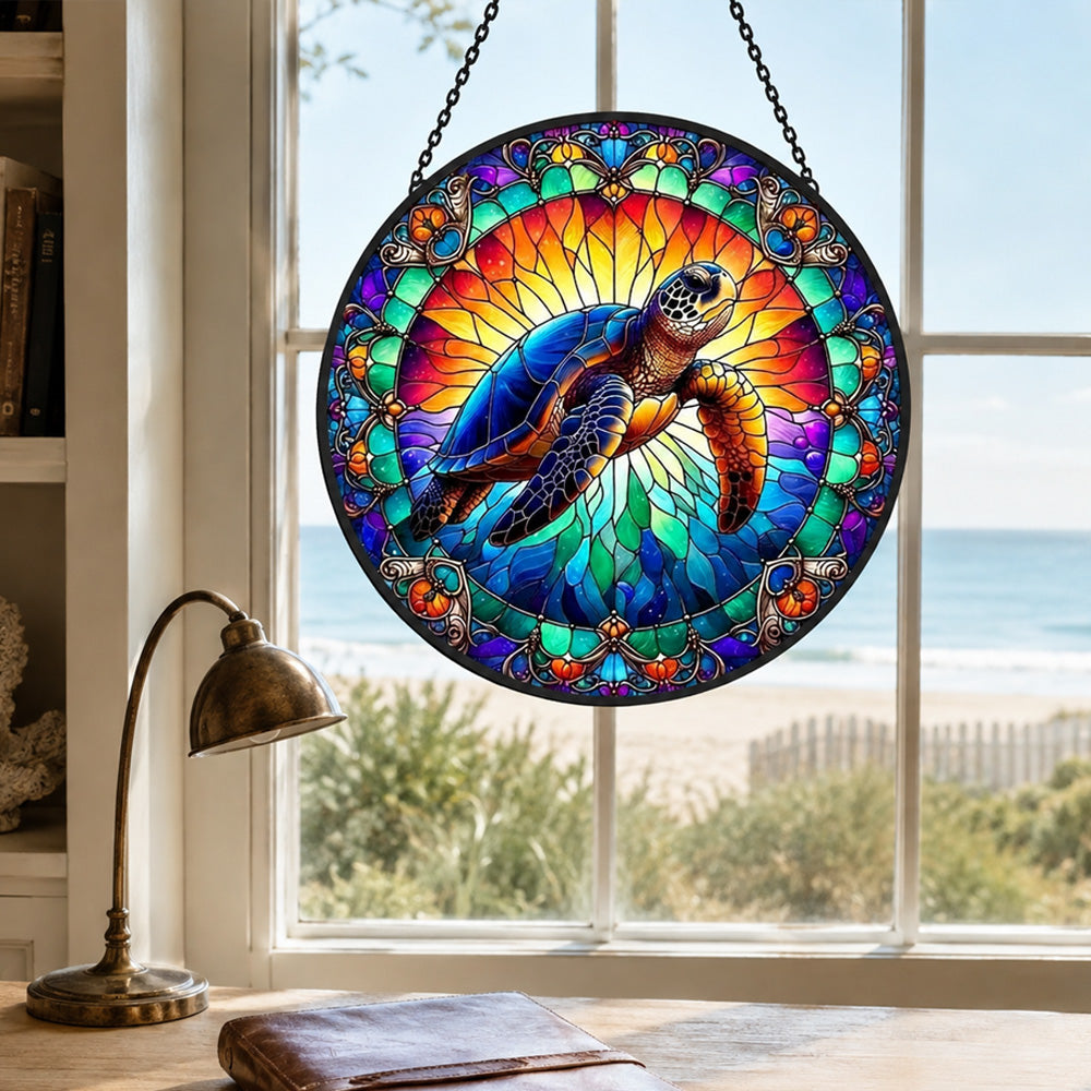 Ocean sea turtle stained glass suncatcher window hanging, suitable for home and garden decoration