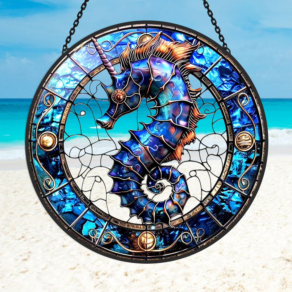 Ocean seahorse unicorn stained glass suncatcher window hanging, suitable for home and garden decoration