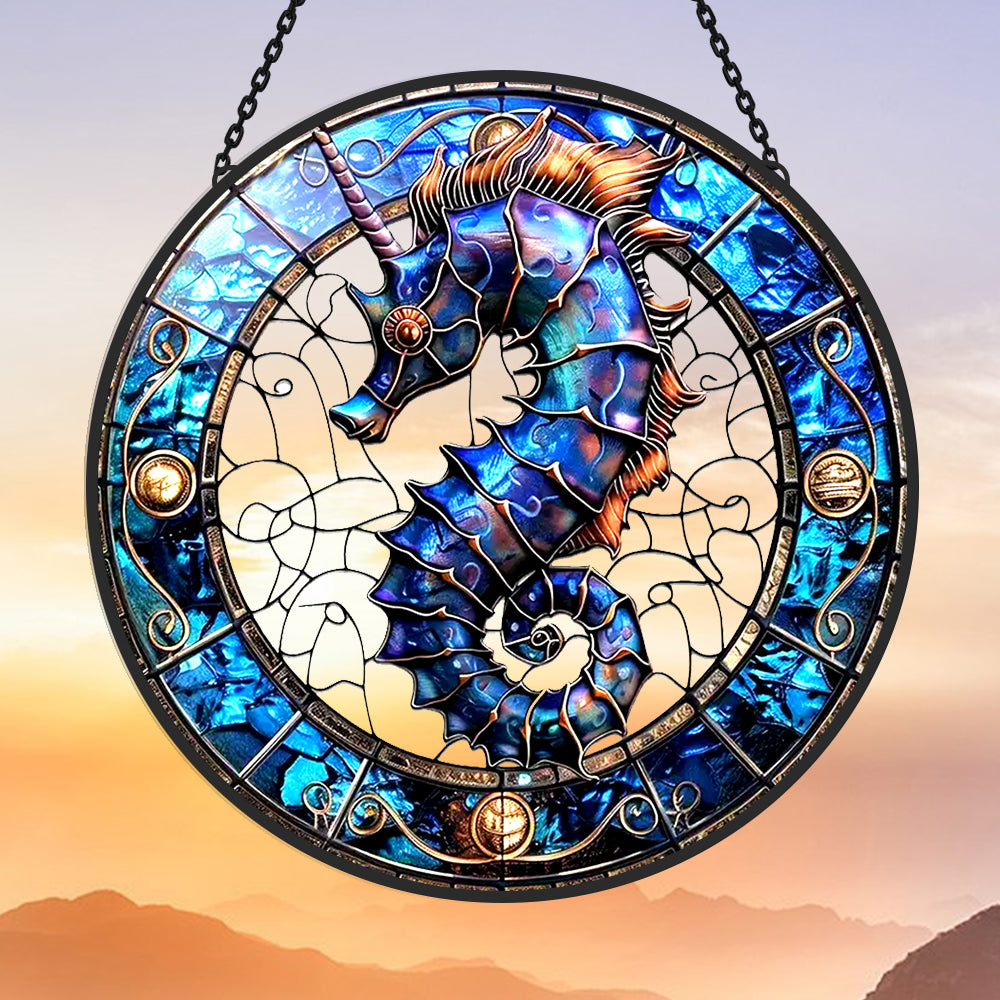Ocean seahorse unicorn stained glass suncatcher window hanging, suitable for home and garden decoration