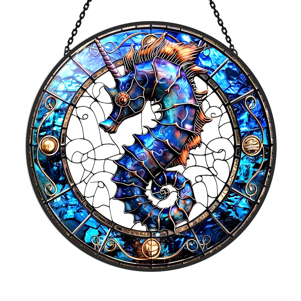 Ocean seahorse unicorn stained glass suncatcher window hanging, suitable for home and garden decoration