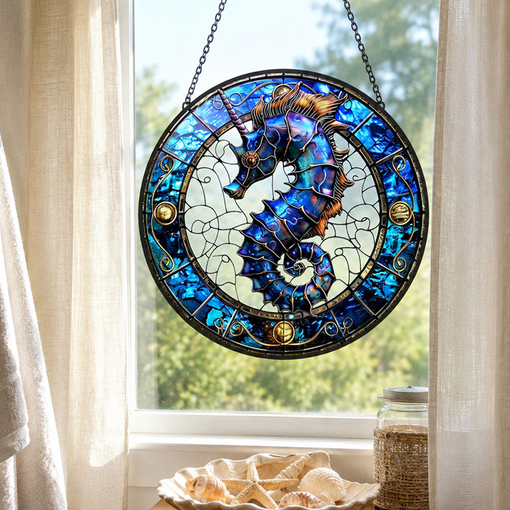 Ocean seahorse unicorn stained glass suncatcher window hanging, suitable for home and garden decoration