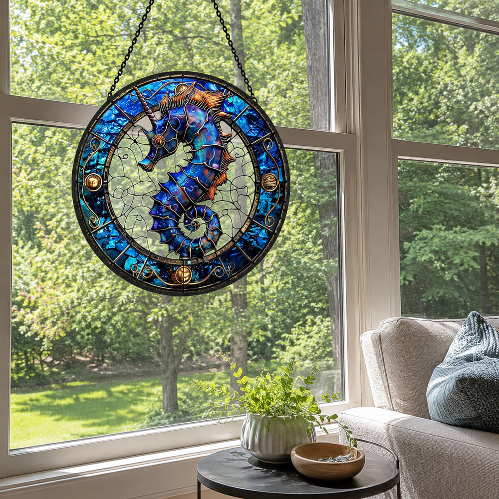 Ocean seahorse unicorn stained glass suncatcher window hanging, suitable for home and garden decoration