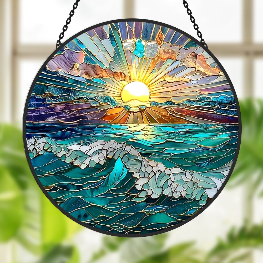 Ocean sunrise waves stained glass suncatcher window hanging, suitable for home and garden decoration