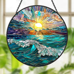 Ocean sunrise waves stained glass suncatcher window hanging, suitable for home and garden decoration