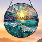Ocean sunrise waves stained glass suncatcher window hanging, suitable for home and garden decoration