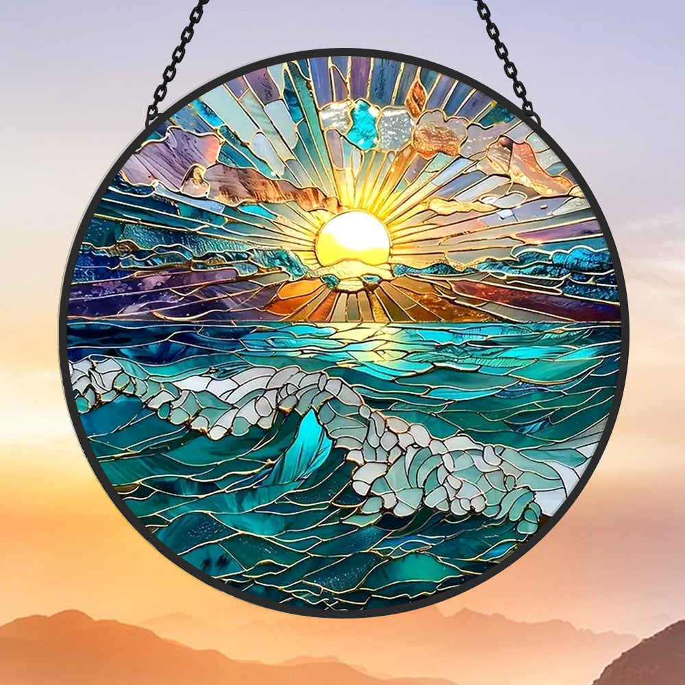 Ocean sunrise waves stained glass suncatcher window hanging, suitable for home and garden decoration