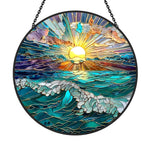 Ocean sunrise waves stained glass suncatcher window hanging, suitable for home and garden decoration