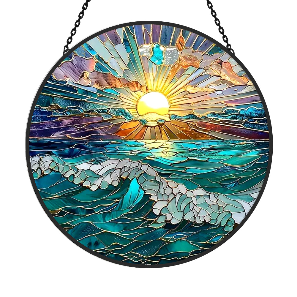 Ocean sunrise waves stained glass suncatcher window hanging, suitable for home and garden decoration