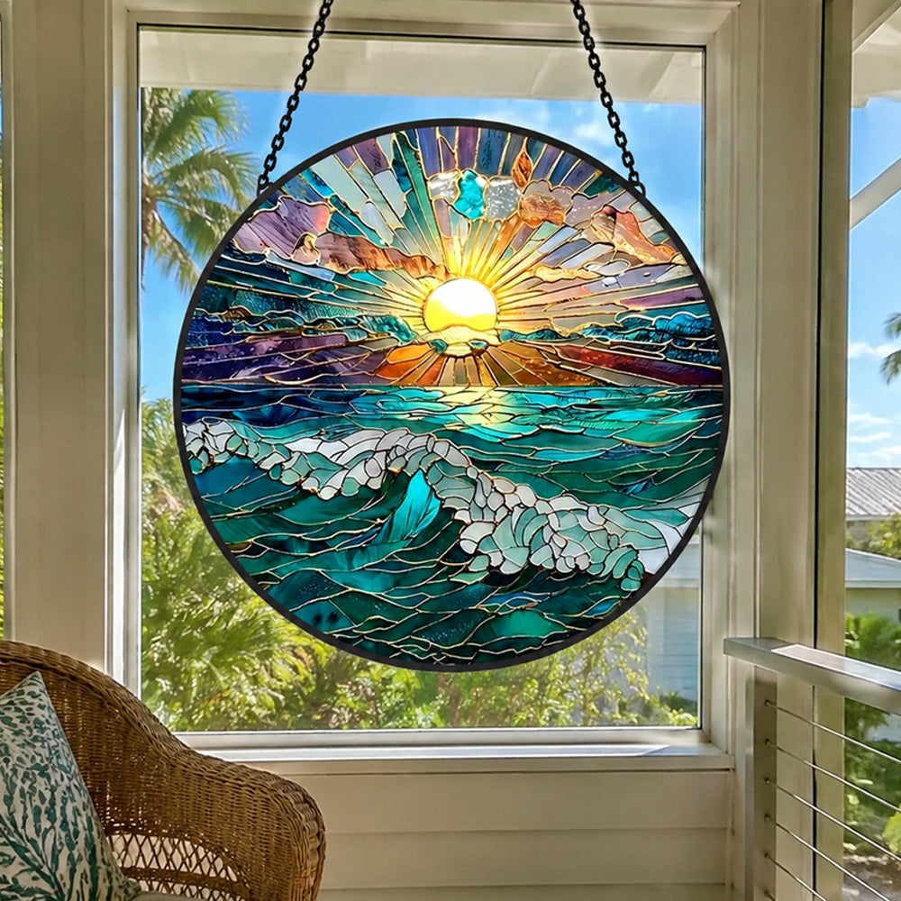 Ocean sunrise waves stained glass suncatcher window hanging, suitable for home and garden decoration