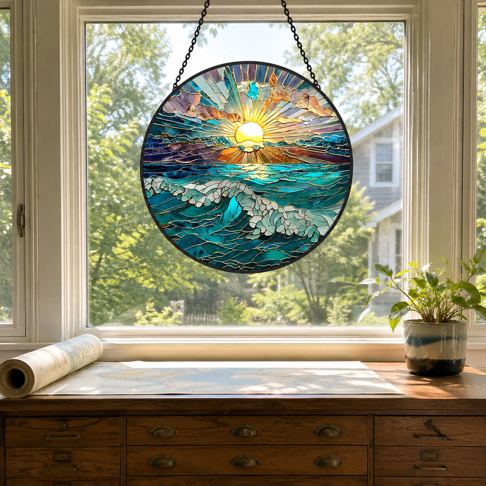 Ocean sunrise waves stained glass suncatcher window hanging, suitable for home and garden decoration
