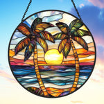 Ocean sunset palm tree stained glass suncatcher window hanging, suitable for home and garden decoration