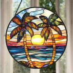 Ocean sunset palm tree stained glass suncatcher window hanging, suitable for home and garden decoration