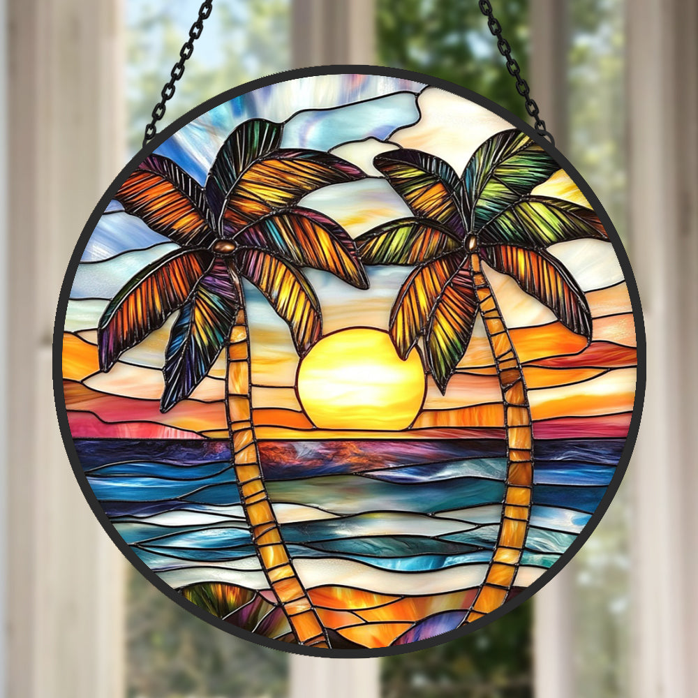 Ocean sunset palm tree stained glass suncatcher window hanging, suitable for home and garden decoration