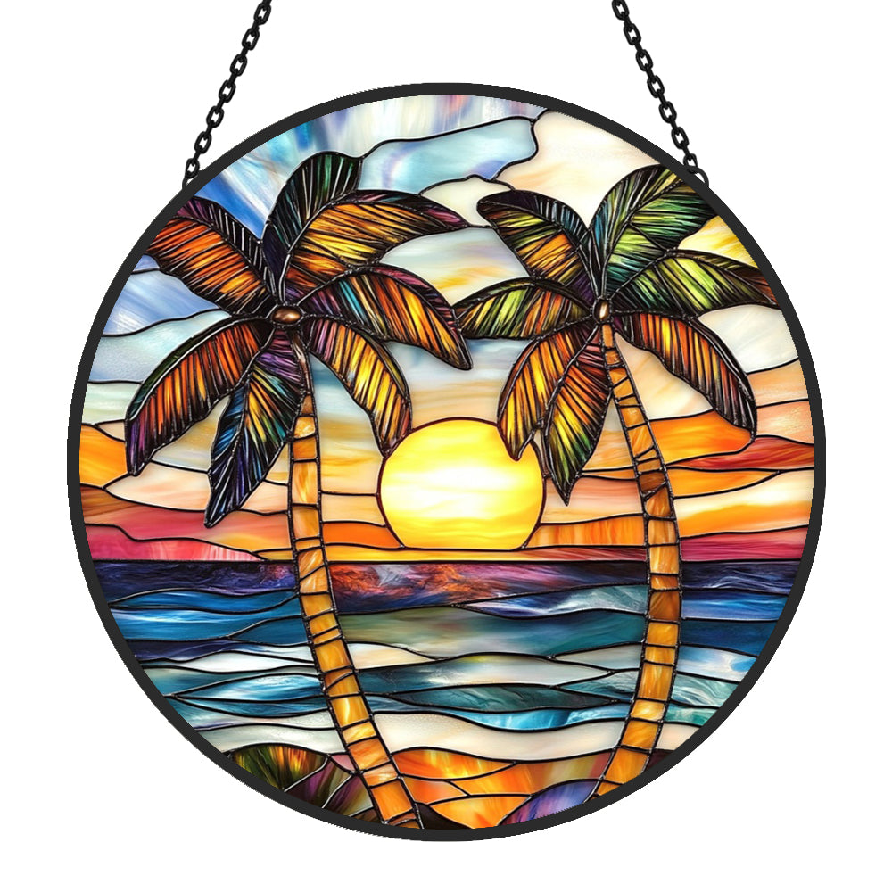 Ocean sunset palm tree stained glass suncatcher window hanging, suitable for home and garden decoration