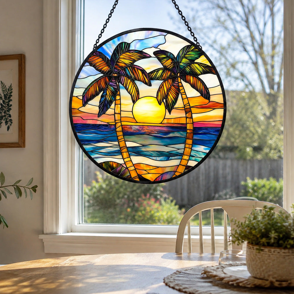 Ocean sunset palm tree stained glass suncatcher window hanging, suitable for home and garden decoration