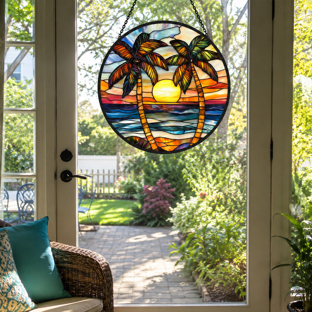 Ocean sunset palm tree stained glass suncatcher window hanging, suitable for home and garden decoration