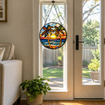 Ocean sunset palm tree stained glass suncatcher window hanging, suitable for home and garden decoration