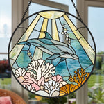Ocean wave blue tulip dolphin stained glass suncatcher window hanging, suitable for home and garden decoration