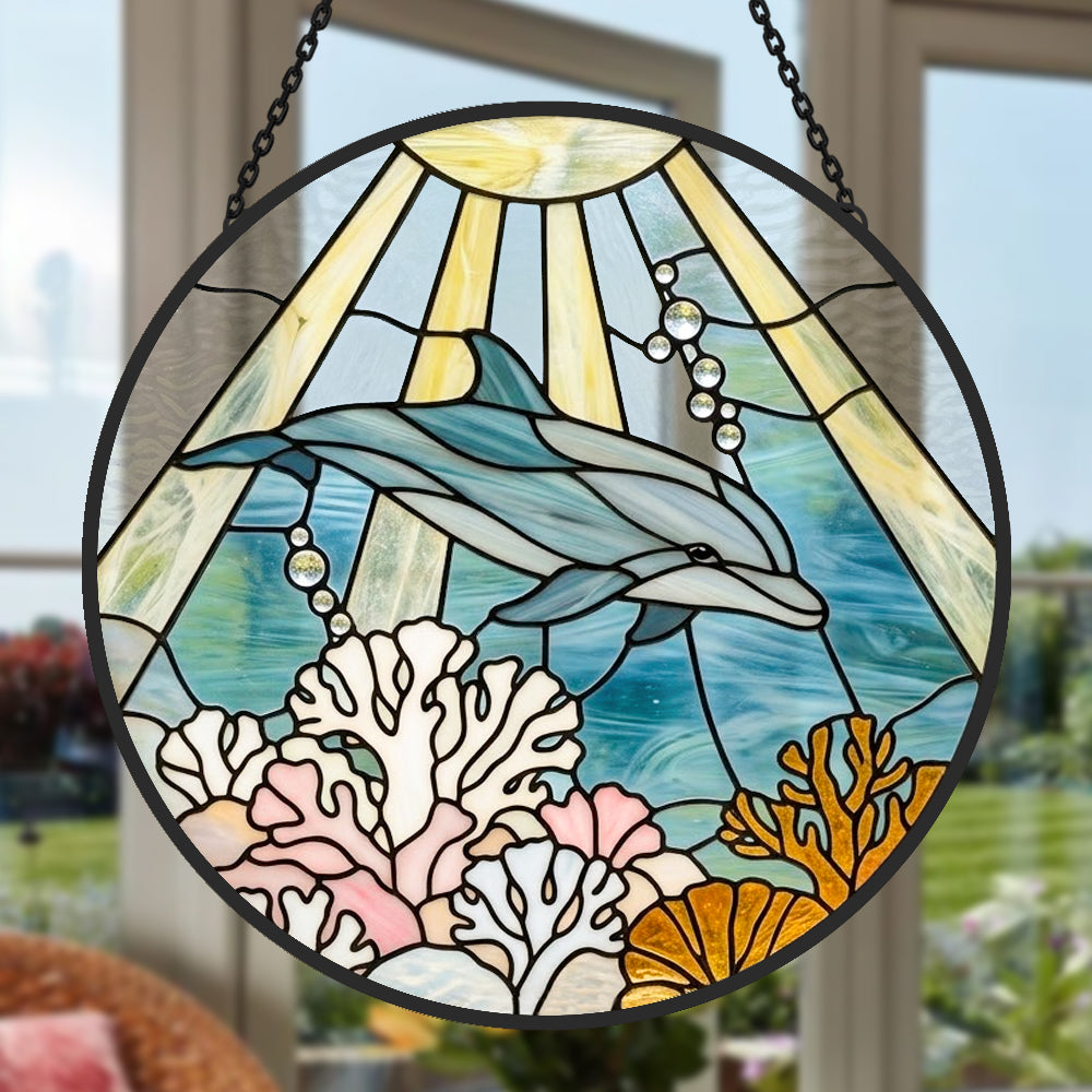 Ocean wave blue tulip dolphin stained glass suncatcher window hanging, suitable for home and garden decoration