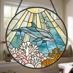 Ocean wave blue tulip dolphin stained glass suncatcher window hanging, suitable for home and garden decoration