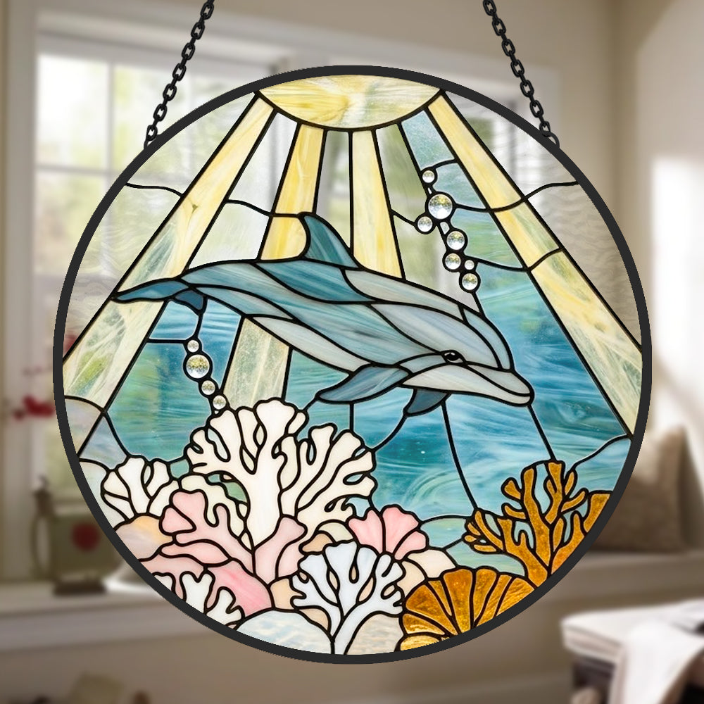 Ocean wave blue tulip dolphin stained glass suncatcher window hanging, suitable for home and garden decoration