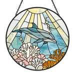 Ocean wave blue tulip dolphin stained glass suncatcher window hanging, suitable for home and garden decoration