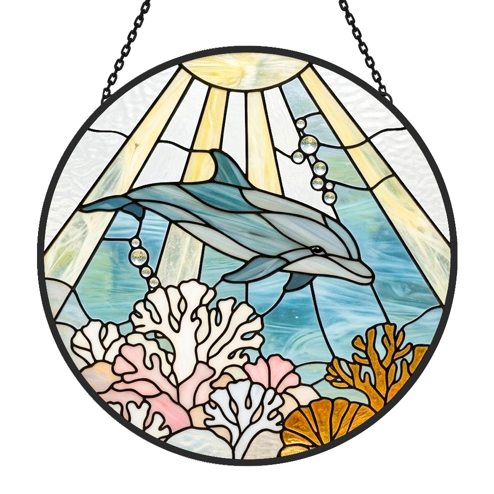 Ocean wave blue tulip dolphin stained glass suncatcher window hanging, suitable for home and garden decoration