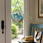 Ocean wave blue tulip dolphin stained glass suncatcher window hanging, suitable for home and garden decoration